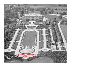 Arial view of ET Stotesbury estate, Whitemarsh Hall highlighting the origina location of garden urns.